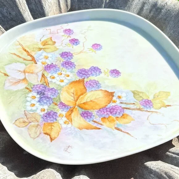 OOAK Hand painted signed Porcelain tray with blackberries vintage - Picture 9 of 10